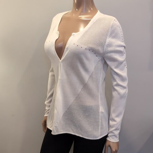 Laura Open Mesh Knit Cardigan Buttoned Front Eyelet Ivory White Sweater Medium - Picture 3 of 10